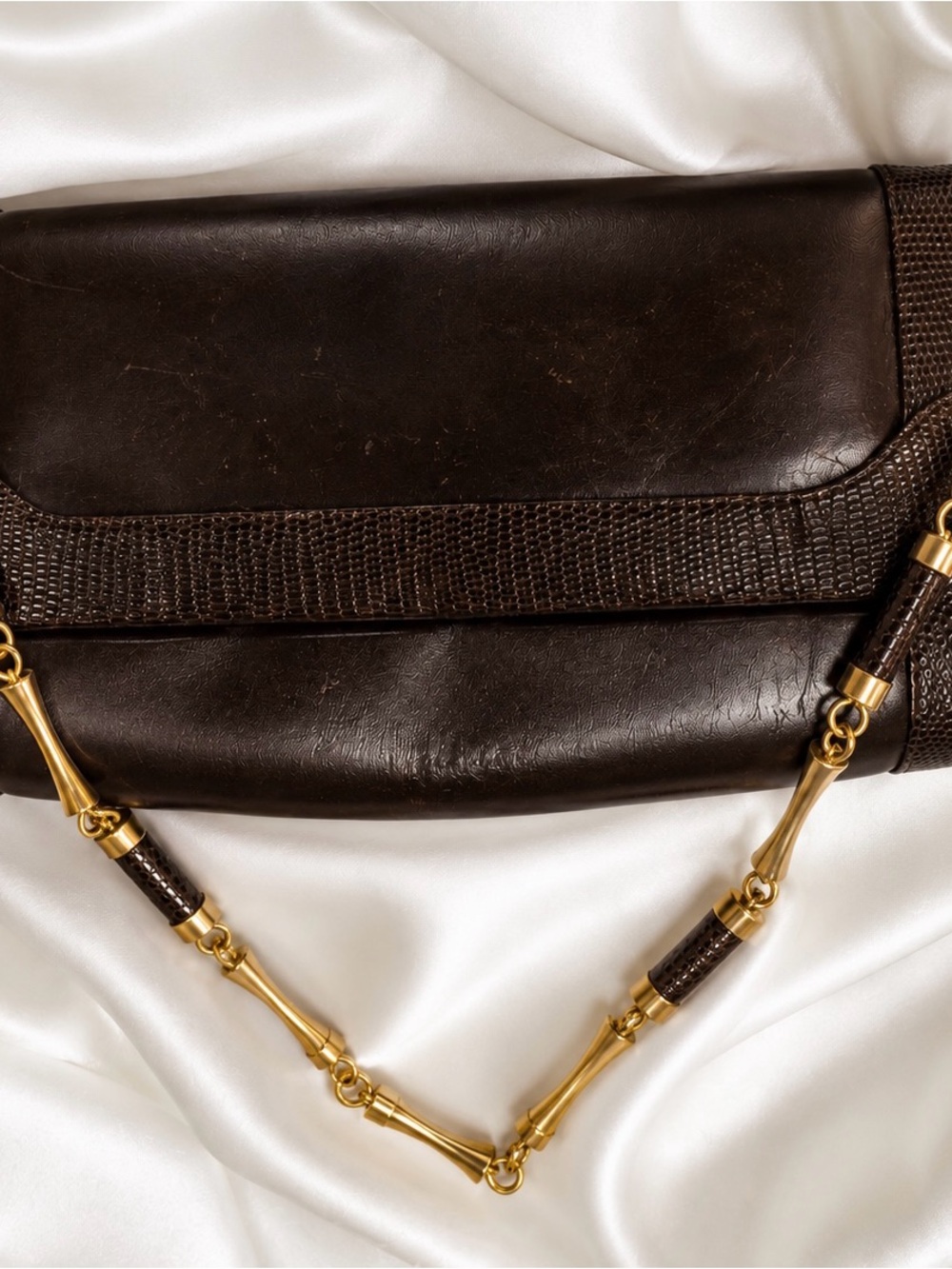 Elegant Vintage Leather Clutch with Sculptural Gold Handle